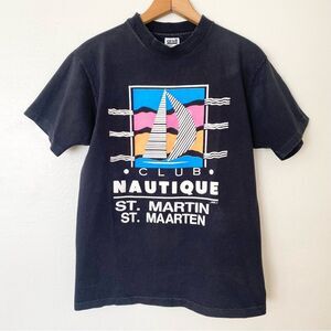 Vintage 80s 90s Single Stitch Black Club Nautique Anvil T-Shirt Size L Sailboat
